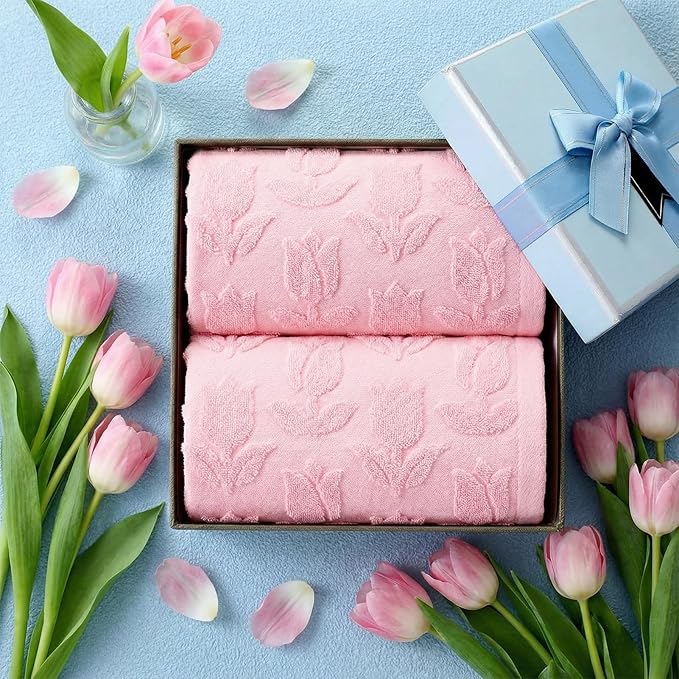 2pcs Pink Tulip Hand Towels for Bathroom Pink Spring Cotton Jacquard Kitchen Bath Hand Towels Set Decorative Weave Floral 3D Kitchen Dish Towel Soft Absorbent Bathroom Towel Home Decor Gift