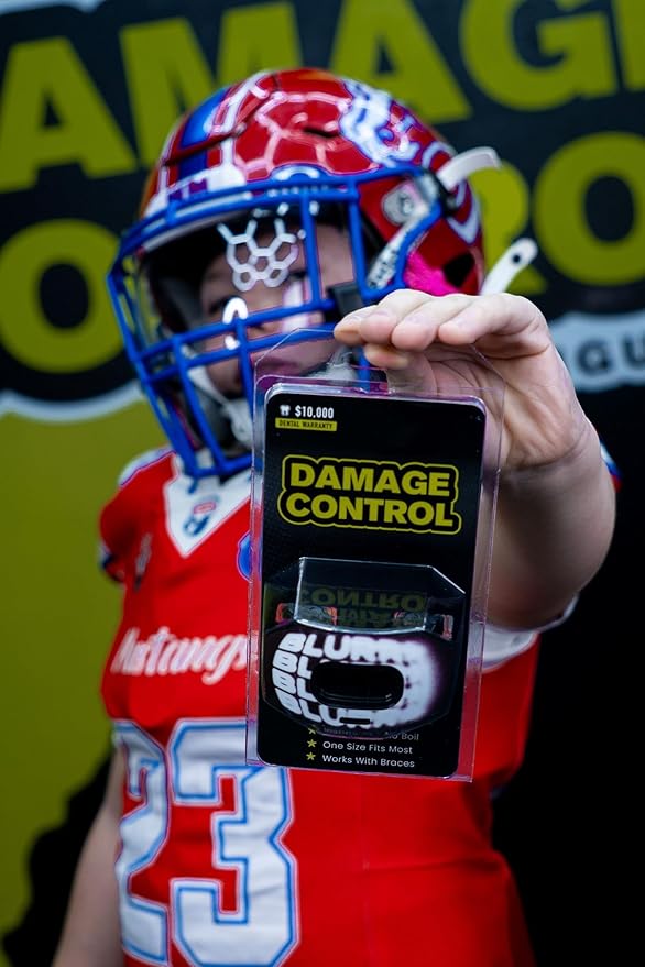 DAMAGE CONTROL Youth Football Mouth Guard – Breathable No Boil Mouthpiece, Protects Lips & Teeth, Works with Braces, Includes Helmet Strap – Sports Gear & Accessories (Blurr)