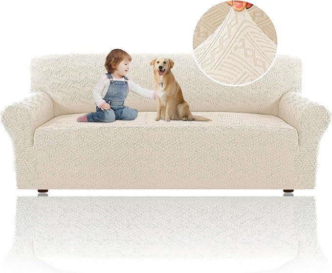 H.VERSAILTEX Jacquard Couch Covers for 3 Cushion Couch 1 Piece Stretch Sofa Covers Furniture Protector Anti-Slip Soft Thickened Dogs Slipcovers Washable Wind Bell Pattern(Sofa, Ivory)