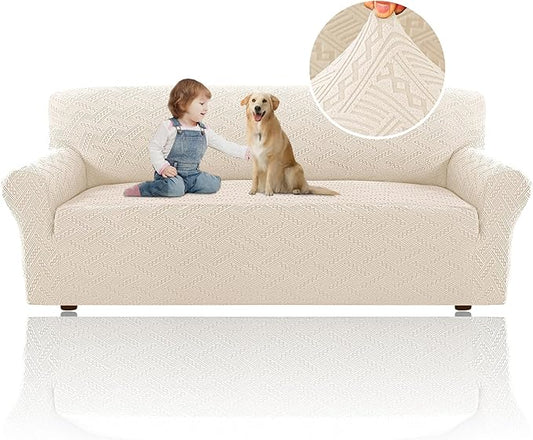 H.VERSAILTEX Jacquard Couch Covers for 3 Cushion Couch 1 Piece Stretch Sofa Covers Furniture Protector Anti-Slip Soft Thickened Dogs Slipcovers Washable Wind Bell Pattern(Sofa, Ivory)