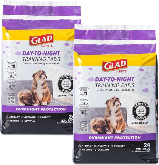 Glad for Pets Day to Night Activated Carbon Puppy Training Pads, Odor Control Disposable Dog Pads with Adhesive and Wall Protection, Leak Proof and Super Absorbent, 30 x 36 Inch, 24 Count - 2 Pack