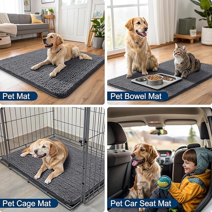 Smiry Dog Door Mat for Muddy Paws 47x20, Absorbs Moisture and Dirt Doormat, Non-Slip Washable Quick Dry Chenille Front Door Mat Indoor Entrance, Entryway Carpet for Inside Floor, Dark Grey
