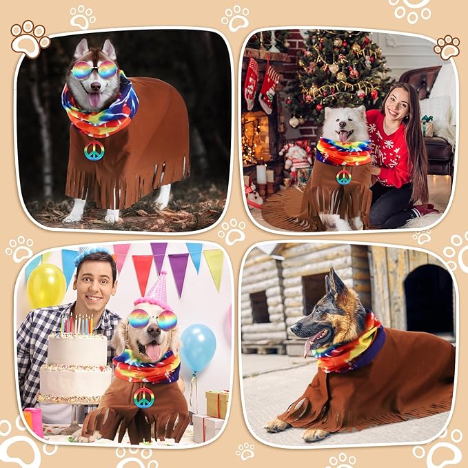 4 Pcs Hippie Dog Costume Pet Dog Hippie Costume Set Includes Sunglasses Scarf Cloak Necklace(Tie Dye,Large)