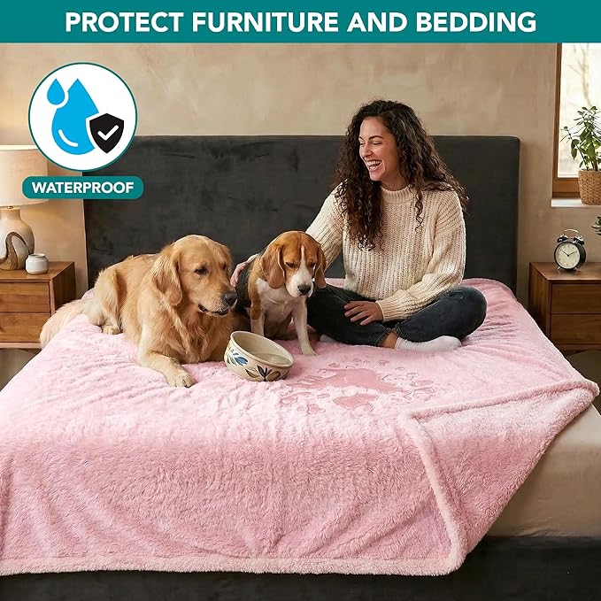 PetAmi Fluffy Waterproof Dog Blanket for Bed Large Dogs, Soft Warm Pet Sherpa Throw Pee Proof Couch Cover, Reversible Cat Blanket Sofa Crate Kennel Protector, Washable Mat (Pink Blush, 60x80)