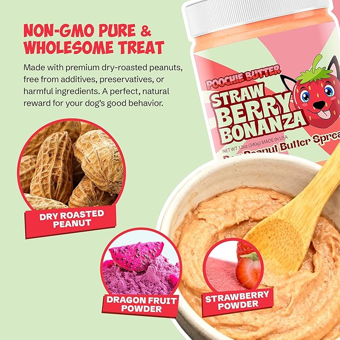 Strawberry Dog Peanut Butter - Made in USA, Creamy Spread for Lick Mats & Food Toppers - Dry-Roasted Peanuts Non-GMO No Sugar Added Dog Treats | 12 oz (Pack of 2)