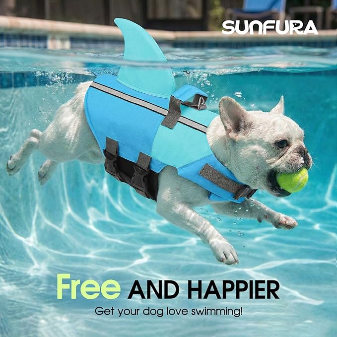 SUNFURA Dog Life Jacket Shark Life Vest for Dogs, Adjustable Swmming Vest with High Buoyancy, Safety Lifesaver with Rescue Handle for French Bulldog Small Medium Breeds, PoolBlue XS
