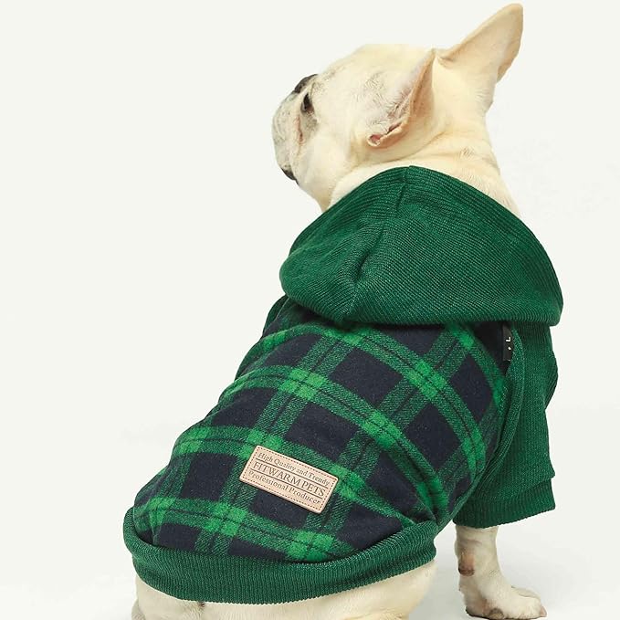 Fitwarm Tartan Plaid Dog Hoodie, Knitted Dog Clothes for Small Dogs Boy, Pet Sweater with Hood, Cat Winter Outfit, Green, XL
