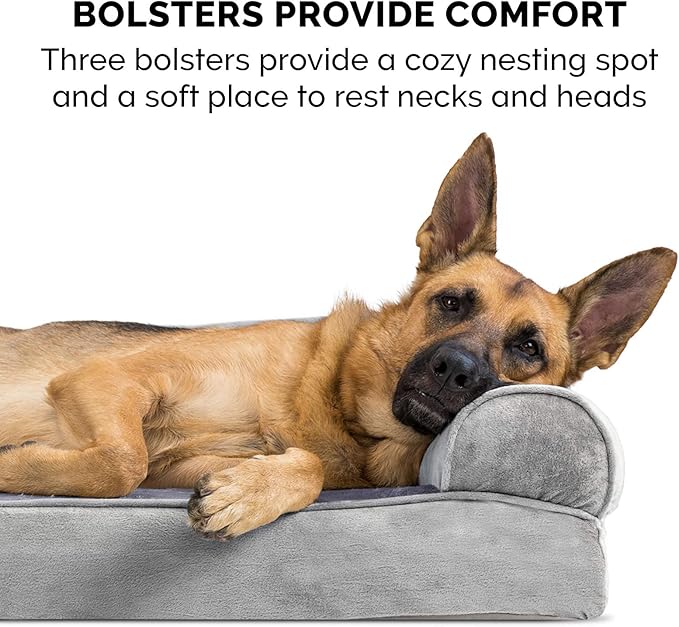 Furhaven Memory Foam Dog Bed for Medium/Small Dogs w/ Removable Bolsters & Washable Cover, For Dogs Up to 35 lbs - Faux Fur & Velvet Sofa - Smoke Gray, Medium