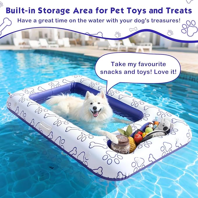 MoKo Dog Pool Float, 59 x 35 Inch Cooling Water Permeable Pet Float, Breathable Mesh Dog Pool Raft with Built-in Storage Area for Pet Toys and Food for Lake Park River Beach, White & Mesh