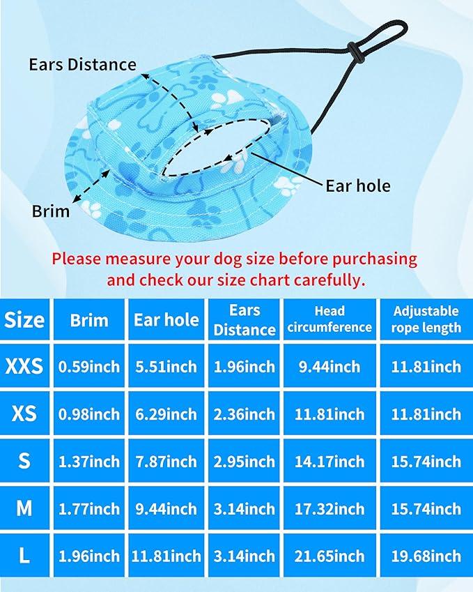 PET SHOW Dog Bucket Hat Paw Print Dog Visors for Small Doggy Cats Waterproof Outdoor Pet Sun Hats with Ear Holes Round Brim Adjustable Drawstring Boy Puppy Cap-Blue/XS