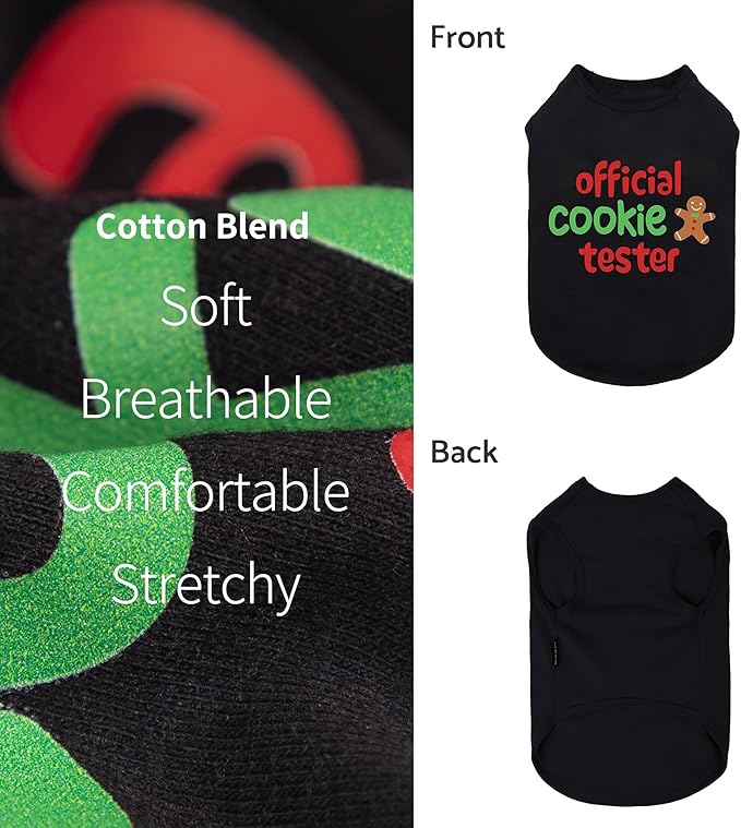 Fitwarm Official Cookie Tester Funny Dog Shirt, Christmas Dog Clothes for Small Dogs Boy Girl, Holiday Doggy Tshirt, Pet Outfit, Gingerbread, Black, Red, Green, XL