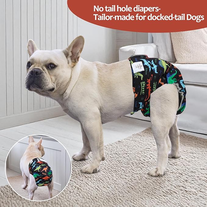 CuteBone Washable Dog Diapers Female No Tail Hole 3 Pack Reusable Doggie Period Training Pants for Docked-Tail Frenchie French Bulldog Boston Terrier Without Tail WWD24XS