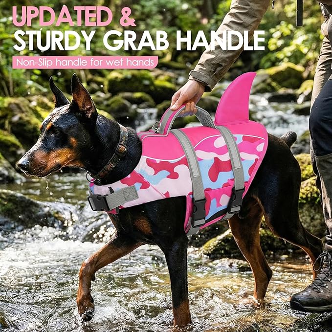 AOFITEE Dog Life Jacket, Shark Dog Life Vest for Swimming Boating, Reflective High Flotation Small Dogs Lifesaver, Ripstop Pet Swim Vest Swimsuit with Rescue Handle for Small Medium Large Dogs, S