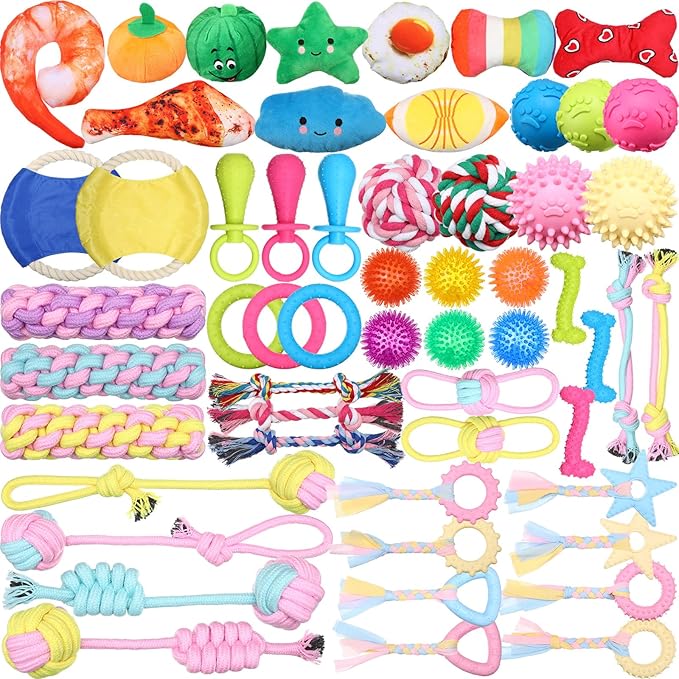 Syhood 60 Pcs Squeaky Dog Toys Bulk Stuffed Plush Chew Toys Puppy Teething Rope Cute Spiky Chew Ball for Small Dog Pet Teething Gift(Sweet Style)