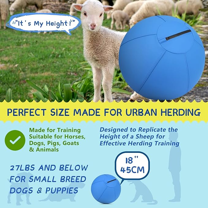 Herding Ball for Dogs - 18" Medium Herding Ball with Anti-Burst Cover and Pump, Outdoor Dog Exercise Toy for Australian Shepherd, German Shepherd, Collie (Blue)