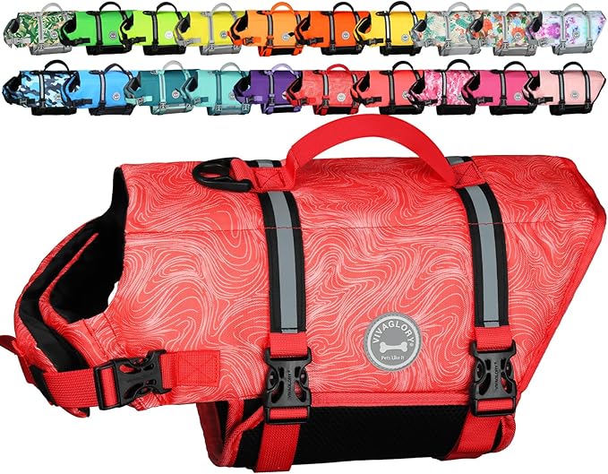 VIVAGLORY Rip Stop Dog Life Vest, Swimming Vest with Handle, Buoyancy for Doggy Puppy, Dog Life Jacket for Swimming & Boating, M, Red