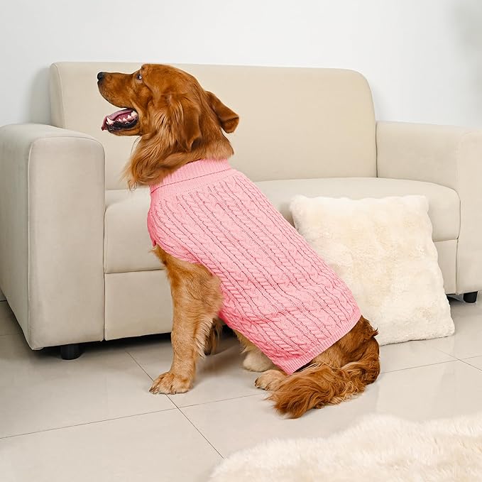 2 Pack Dog Sweaters for Large Dogs Winter Turtleneck Pullover Cable Knit Fleece Stretch Pitbull Labrador Golden Retriever Doberman Bulldog Boy Girl Pet Clothes (XL, Pink & Red)