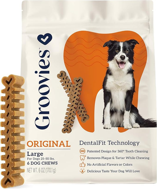 Groovies Flexible Dog Dental Chews with Patented DentalFit Technology to Help Support Tartar Control & Fresh Breath, Large Dog Chews for 25-50 lb Dogs, USA Manufactured Oral Care, 6 Chews