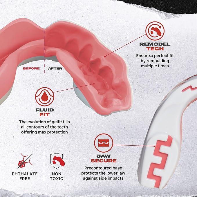 SAFEJAWZ Mouth Guard, Dual Layer Mouthguard for Youth with Case, Easy Fit Remoldable Mouthpiece for Football, Boxing, Lacrosse, MMA, Basketball & All Contact Sports (Kids <11 Years, Pink Fangz)