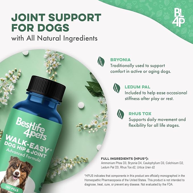 Advanced Hip and Joint Supplement for Dogs, Natural Extra Strength Dog Arthritis Pain Relief & Anti Inflammatory for Dogs Helps Limping, Mobility Issues, Hip Dysplasia, ACL Tears, 180 Tiny Pills