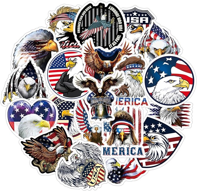 25pcs Cool Bald Eagle Animal Deacls Stickers Pack | American Flag Stickers for Water Bottle Skateboard Guitar Computer Laptop Phone Case Car Helmet