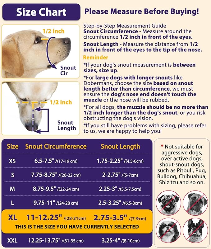 LUCKYPAW Dog Muzzle, Patented Mesh Muzzle for Large Medium Small Dogs Allows Full Pant Drinking Mouth Cover to Prevent Biting Chewing Scavenging Adjustable Breathable Mouth Guard(Purple,XL)