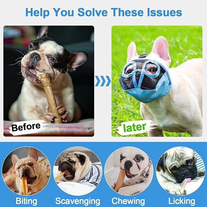 Short Snout Dog Muzzles- Adjustable Breathable Mesh Bulldog Muzzle for Biting Chewing Licking Grooming Dog Mask,Blue XL
