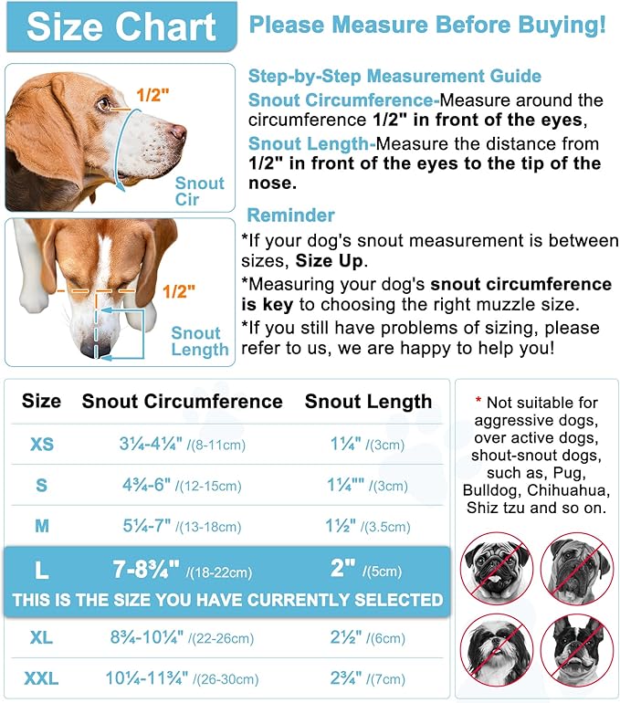 LUCKYPAW Dog Muzzle, Mesh Muzzle for Large Medium Dogs, Soft Mouth Cover to Prevent Biting Chewing, Drinkable Breathable Adjustable Puppy Mouth Guard(L, Baby Blue)