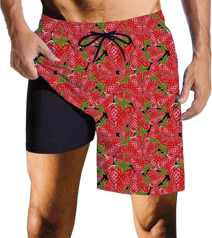 Mens Swim Trunks with Compression Liner Quick Dry Zipper Pocket Bathing