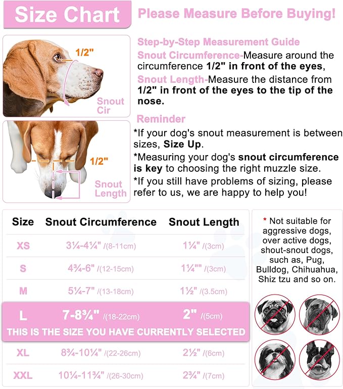 LUCKYPAW Dog Muzzle, Mesh Muzzle for Large Medium Dogs, Soft Mouth Cover to Prevent Biting Chewing, Drinkable Breathable Adjustable Puppy Mouth Guard(Pink, L)