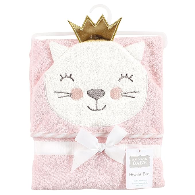 Hudson Baby Unisex Baby Cotton Animal Face Hooded Towel, Cat Princess, One Size