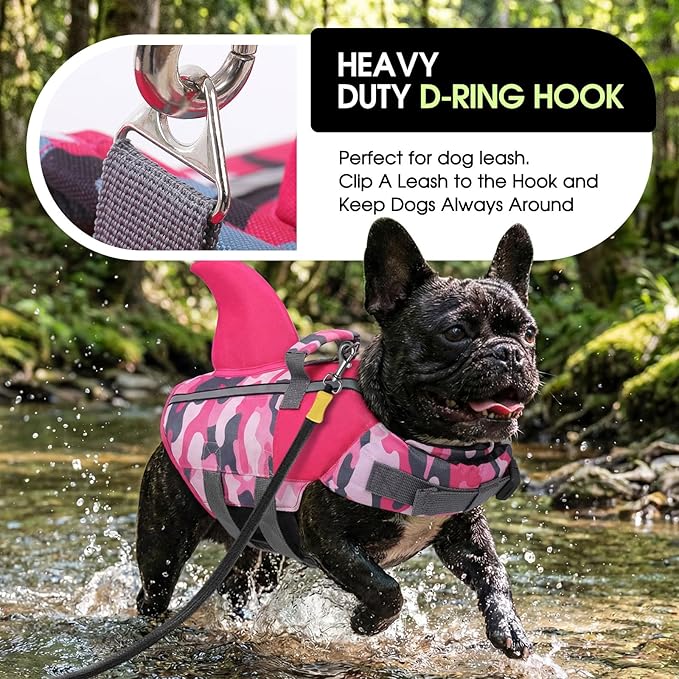 SUNFURA Dog Life Jacket Shark Life Vest for Dogs, Adjustable Swmming Vest with High Buoyancy, Safety Lifesaver with Rescue Handle for French Bulldog Small Medium Breeds, PinkCamo M