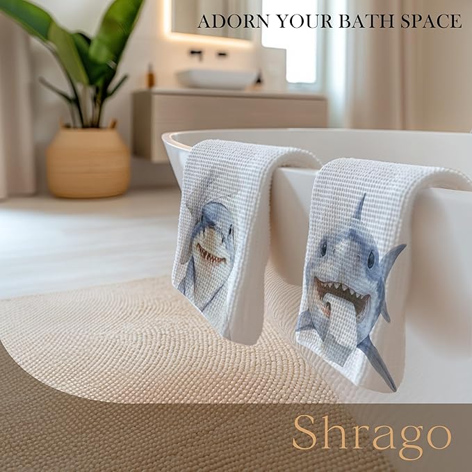 Funny Shark Bathroom Decor Hand Towels, Kids Bathroom Decor, Coastal Ocean Animal Hand Towels for Kids Bath Room Washroom, Gifts for Shark Lovers, 16x24 Inch Set of 2
