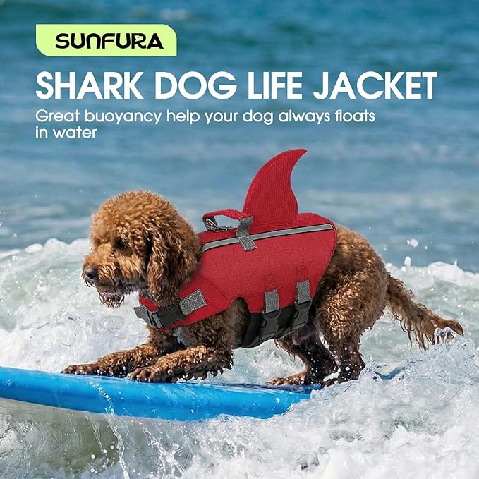 SUNFURA Dog Life Jacket Shark Life Vest for Dogs, Adjustable Swmming Vest with High Buoyancy, Safety Lifesaver with Rescue Handle for French Bulldog Small Medium Breeds, Burgundy S