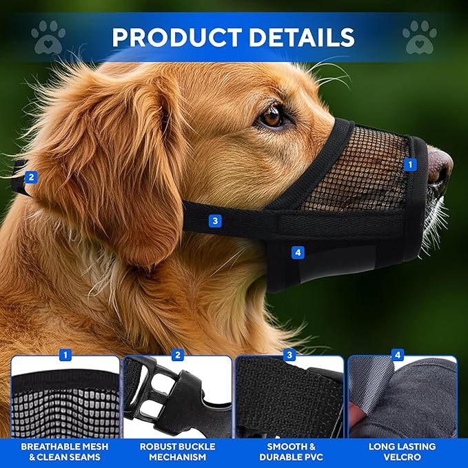 Dog Muzzle for Large Dogs – Breathable Air Mesh Muzzle for Large Sized Dog | Adjustable Mussels for Dogs Grooming | Muzzles to Prevent Biting Barking Chewing | Allows Panting and Drinking