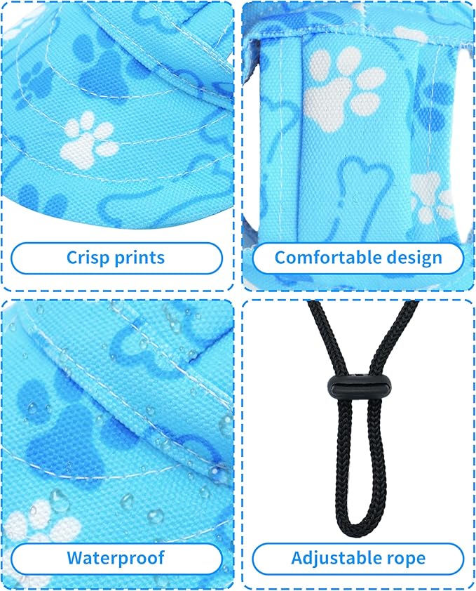 PET SHOW Dog Baseball Cap Paw Print Dog Visors for Small Doggy Cats Waterproof Pet Sun Hats with Ear Holes Adjustable Drawstring Boy Puppy Hat - Blue/S