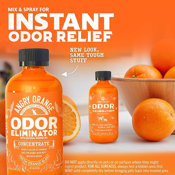 ANGRY ORANGE Pet Cleaning Duo – Citrus Mint Floor Cleaner 2 Pack + 8 oz Odor Eliminator Concentrate (Makes 128 oz) for Carpet, Tile, Furniture, and Grass