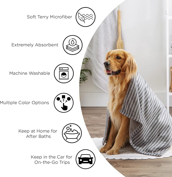 Bone Dry Pet Grooming Microfiber Towel, Embroidered Collection, X-Large,41x23.5", Stonewash Blue