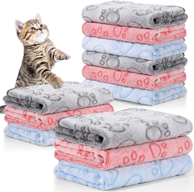 Tegeme 12 Pcs Pet Blankets Soft Fluffy Fleece Dog Cat Warm Paw Print Pattern Blankets Flannel Throw for Pets Dog Puppy Cat(30 x 20 Inch,Pink,Gray,Blue)