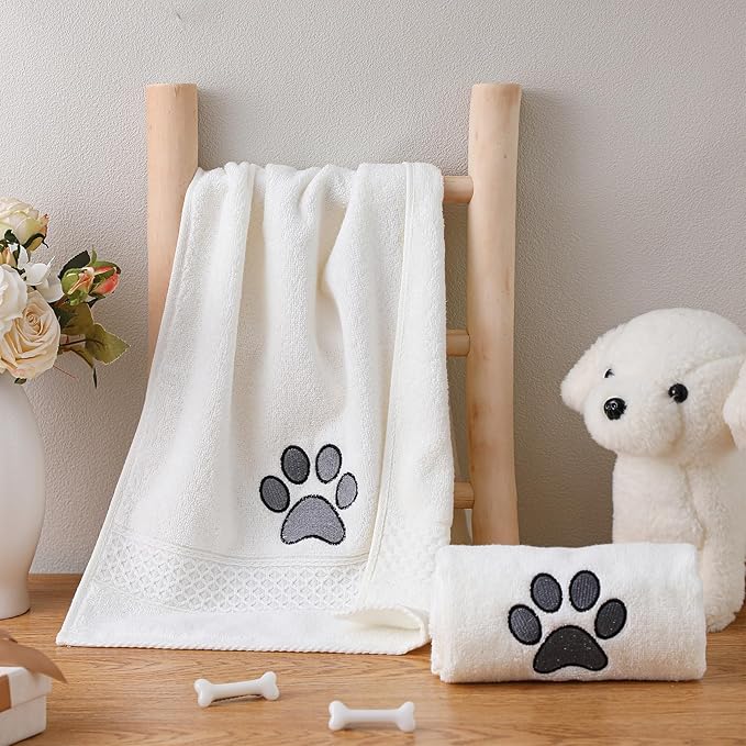 2 Pcs Dog Paw Hand Towels Beige Bathroom Decor 13 x 29 Inch 100% Cotton Embroidered Soft Hand Towels Absorbent Farmhouse for Kitchen Restroom