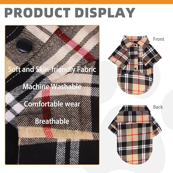 KOOLTAIL Dog Shirt,Cotton Beige Plaid Pet Shirts,Cute Dog Apparel Clothes Suitable for All Seasons, Comfortable Dogs T-Shirt for Small Medium Large Dogs Cats, Pet Outfit Costume,S
