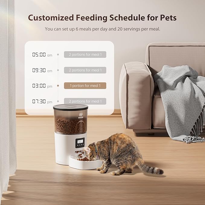 IMIPAW Automatic Cat Feeders, 3L Timed Cat Dry Food Dispenser with Desiccant Bags, Dual Power Supply, Programmable Portion Size, 6 Meals, 20 Portions Per Day, Auto Pet Feeder for Cats and Small Dogs