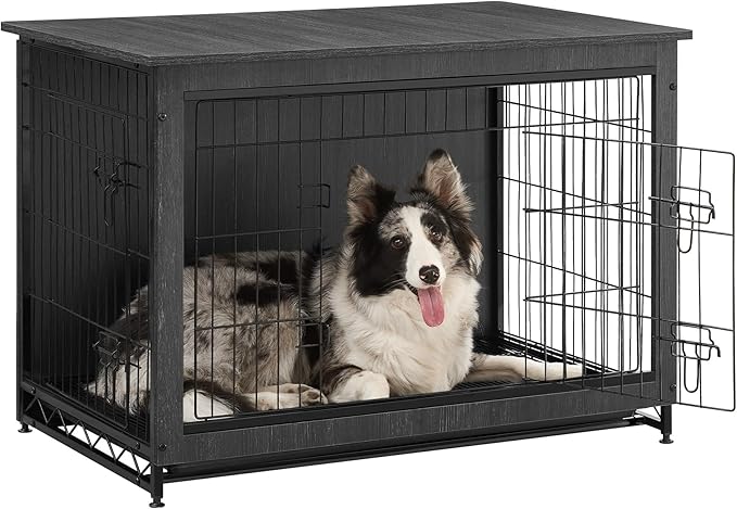 Feandrea 38.6" Dog Crate Furniture, Indoor Dog Cage Side End Table, XL Pet Wood Kennel for Large and Medium Dogs up to 70 lb with Multi-Purpose Removable Tray, Double-Door Pet House, Ink Black