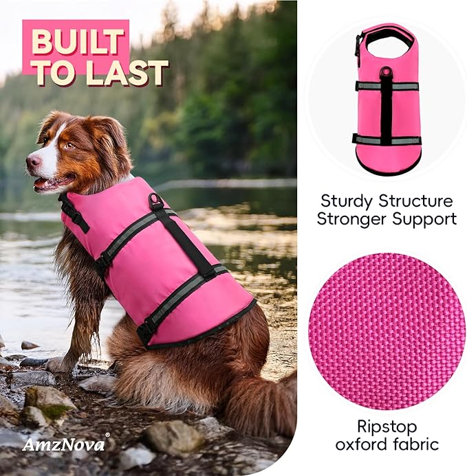AMZNOVA Rip Stop Dog Life Jacket, Dog Life Vest for Swimming & Boating, Lightweight & Buoyancy for Doggy Puppy, Lifejacket with Handle, XL, Pink