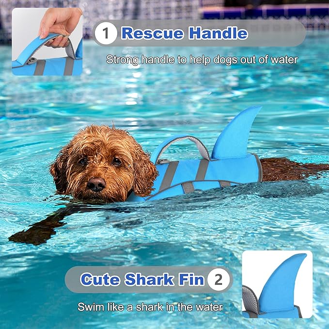 Dogcheer Dog Harness-Style Life Jacket Shark, Reflective Dog Life Vest for Swimming Boating, Adjustable Puppy Swim Vest, Pet Floating Device for Small Medium Large Dogs - Blue, XL