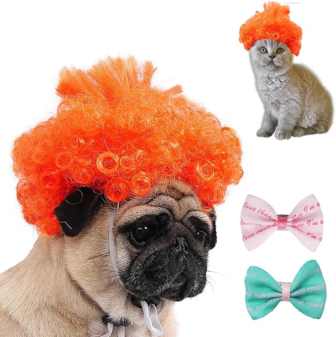 Funny Dog Wig Pet Costumes,Kediciz Cat Costume Synthetic Hairpiece Cosplay Wigs, Headwear for Halloween Christmas Festivals Party Decor, Fancy Dress,Adjustbale Size,Orange Curly