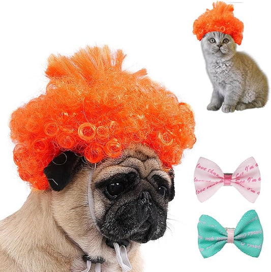 Funny Dog Wig Pet Costumes,Kediciz Cat Costume Synthetic Hairpiece Cosplay Wigs, Headwear for Halloween Christmas Festivals Party Decor, Fancy Dress,Adjustbale Size,Orange Curly
