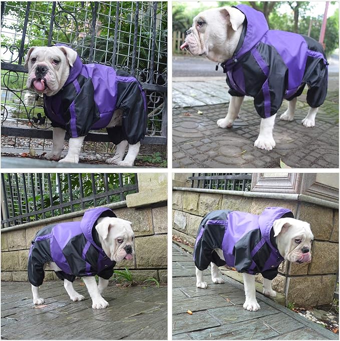 Lovelonglong American Bully Pitbull Dog Hooded Raincoat, Bulldog Rain Jacket Poncho Waterproof Clothes with Hood Breathable 4 Feet Four Legs Rain Coats for Pugs English French Bulldog Purple B-L