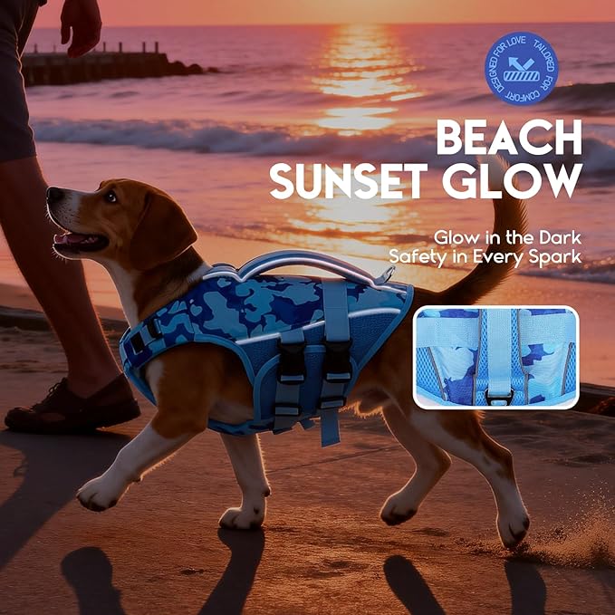 ASENKU Dog Life Jacket, High Floatation Dog Swimming Vest with Rescue Handles for Small Medium Large Dogs, Pet Safety Swimsuit Preserver for Pool Beach Boating (Blue Camo, M)