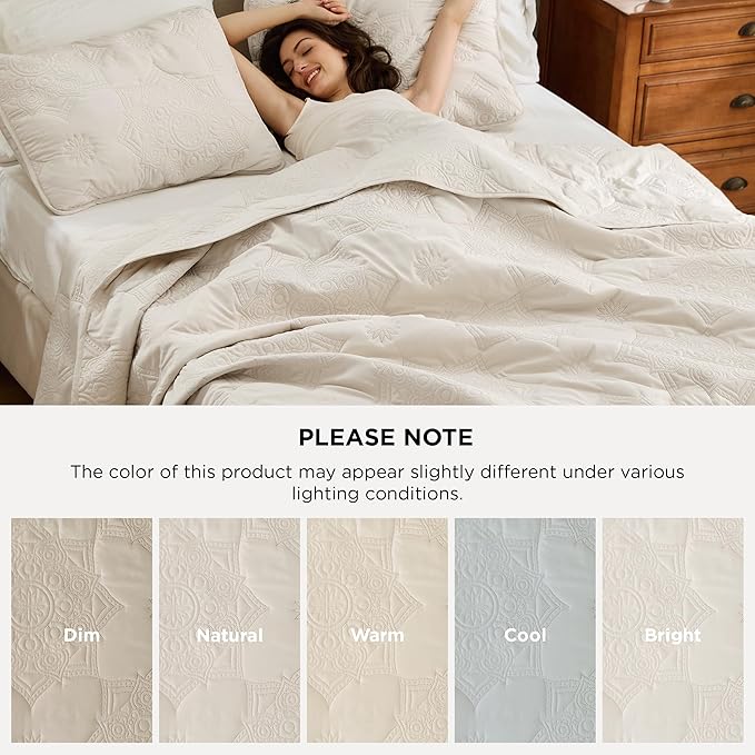 Bedsure King Size Quilt - Stitch-Free Ultrasonic Quilting, Beige Bedspread with Modern Vintage Mandala Embossed Pattern, Lightweight All-Season Comforter & Coverlet, 106 x 96 Inches | Stitch-Free Quilting, Ultra Soft, Lightweight, Machine Washable, Pet...